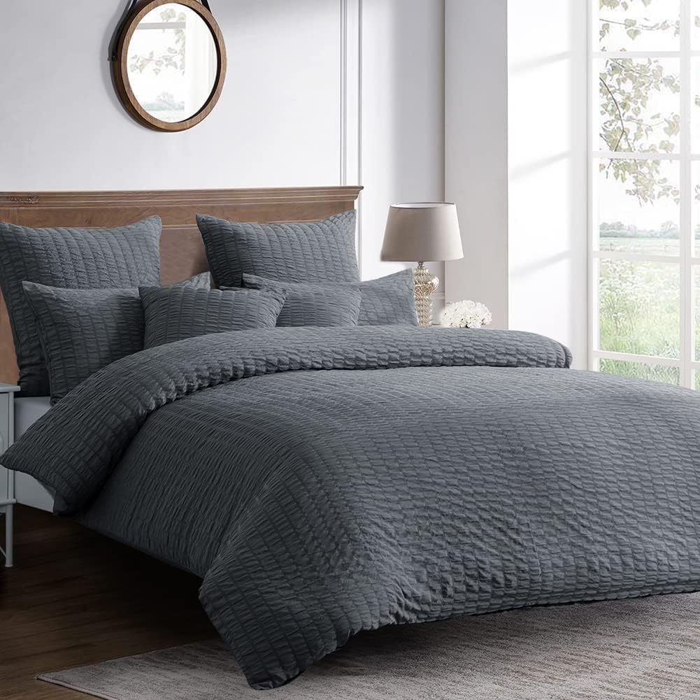 Seersucker Duvet Cover Set ( Charcoal, King)