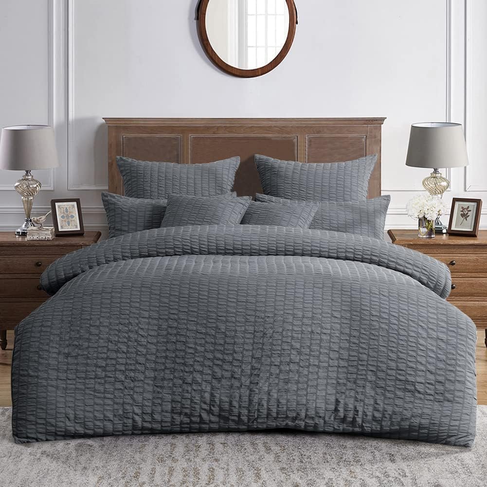 Seersucker Duvet Cover Set ( Charcoal, King)